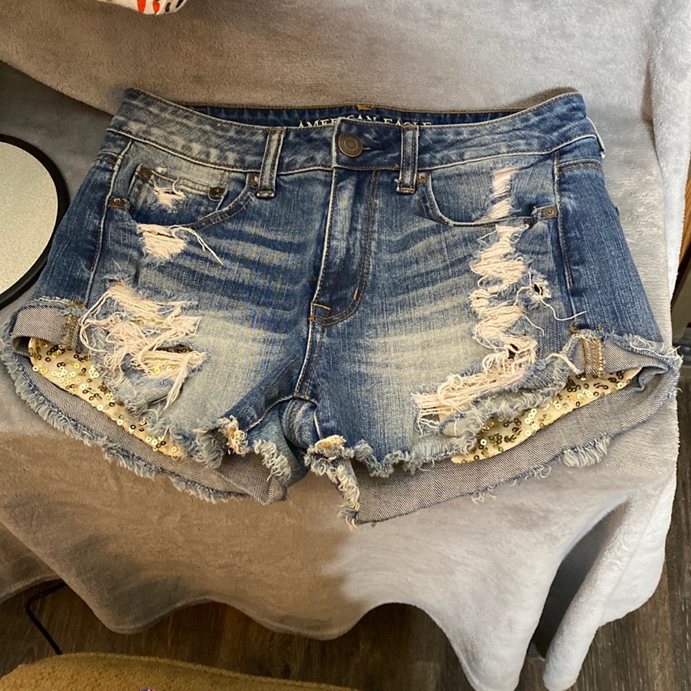 American Eagle Outfitters Blue Distressed Jean Shorts